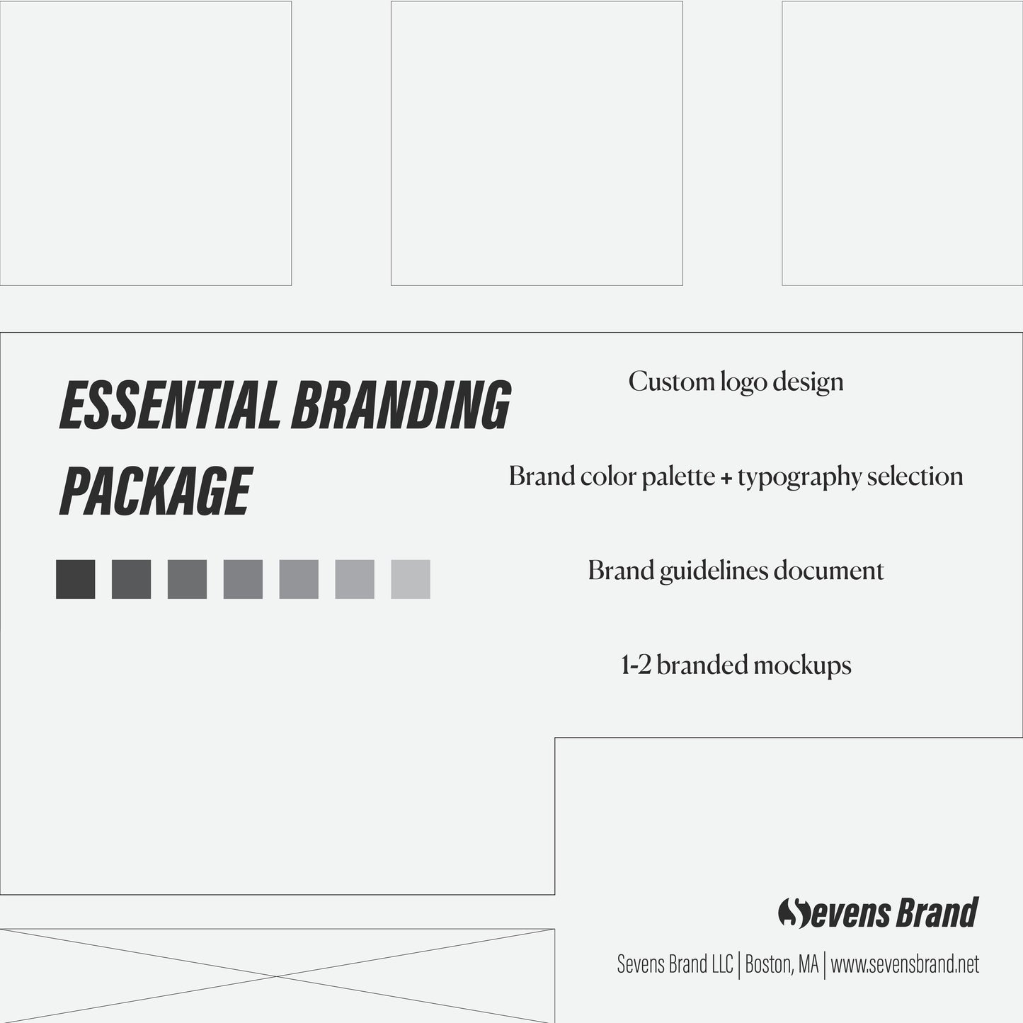 Sevens Brand Essential Branding Package description with color palette and logo.
