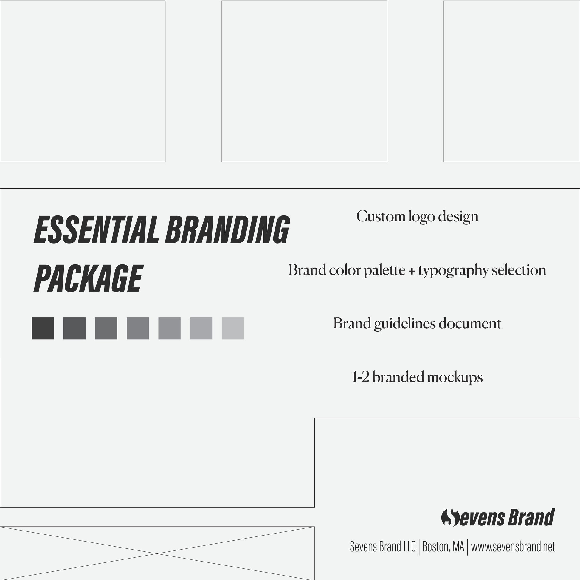 Sevens Brand Essential Branding Package description with color palette and logo.