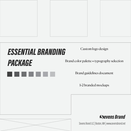 Sevens Brand Essential Branding Package description with color palette and logo.